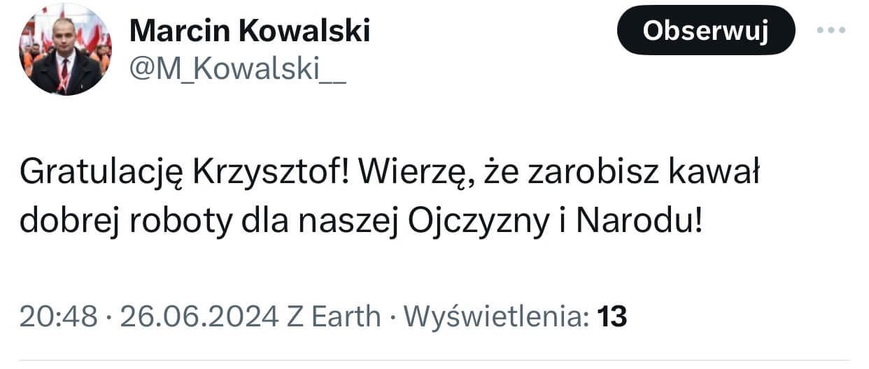Prezes Młodzieży Wszechpolskiej Marcin Kowalski kala mowę ojczystą