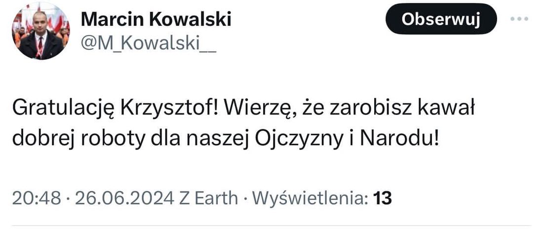 Prezes Młodzieży Wszechpolskiej Marcin Kowalski kala mowę ojczystą