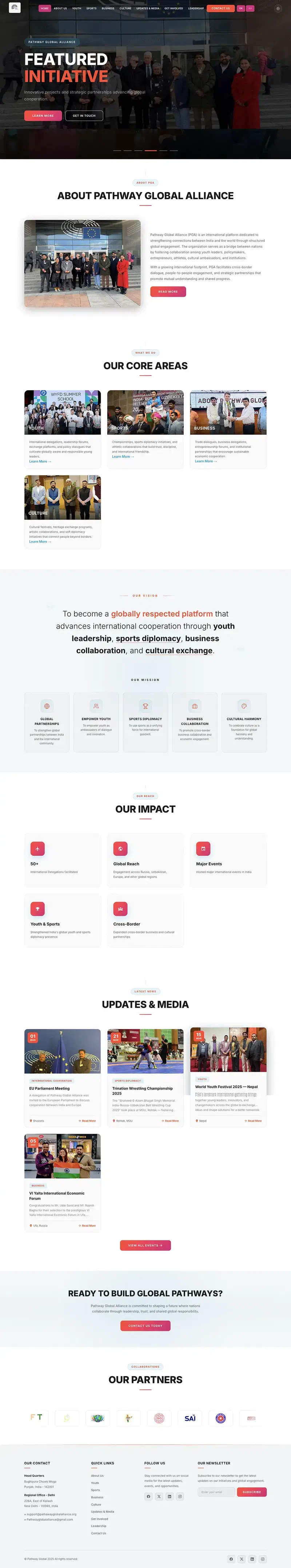 Dzisiejsza strona Pathway Global Alliance: młodzież, sport, biznes i kultura, kroniki z Parlamentu Europejskiego oraz z jałtańskiego forum w Ufie, w stopce Moga w Pendżabie jako siedziba główna